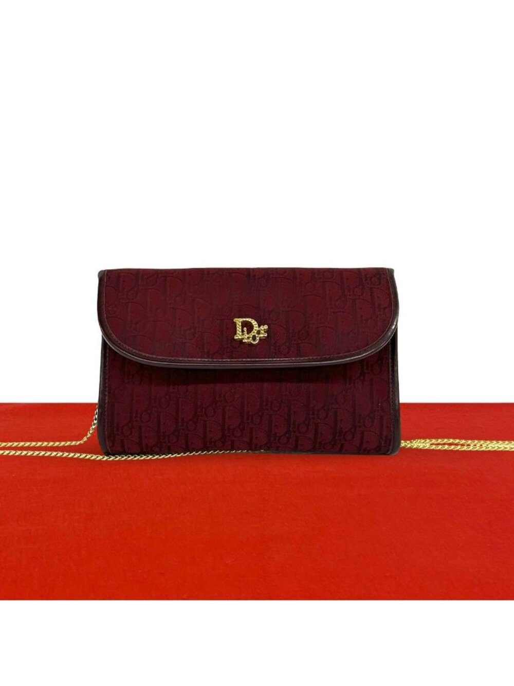 Dior Vintage Logo Trotter Canvas Leather 2-Way Shoulder Bag Wine Red